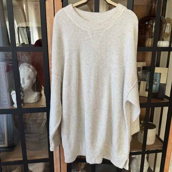 Aerie CozyUp Light Gray Ribbed Crew Neck Soft Oversized Sweater beige wool blend - Picture 1 of 5